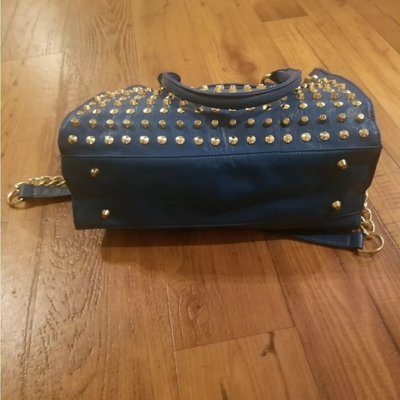 WOMEN'S BRACIANO BLUE SHOULDER HANDBAG LARGE PURSE FAUX LEATHER METAL STUDDED - Picture 3 of 5